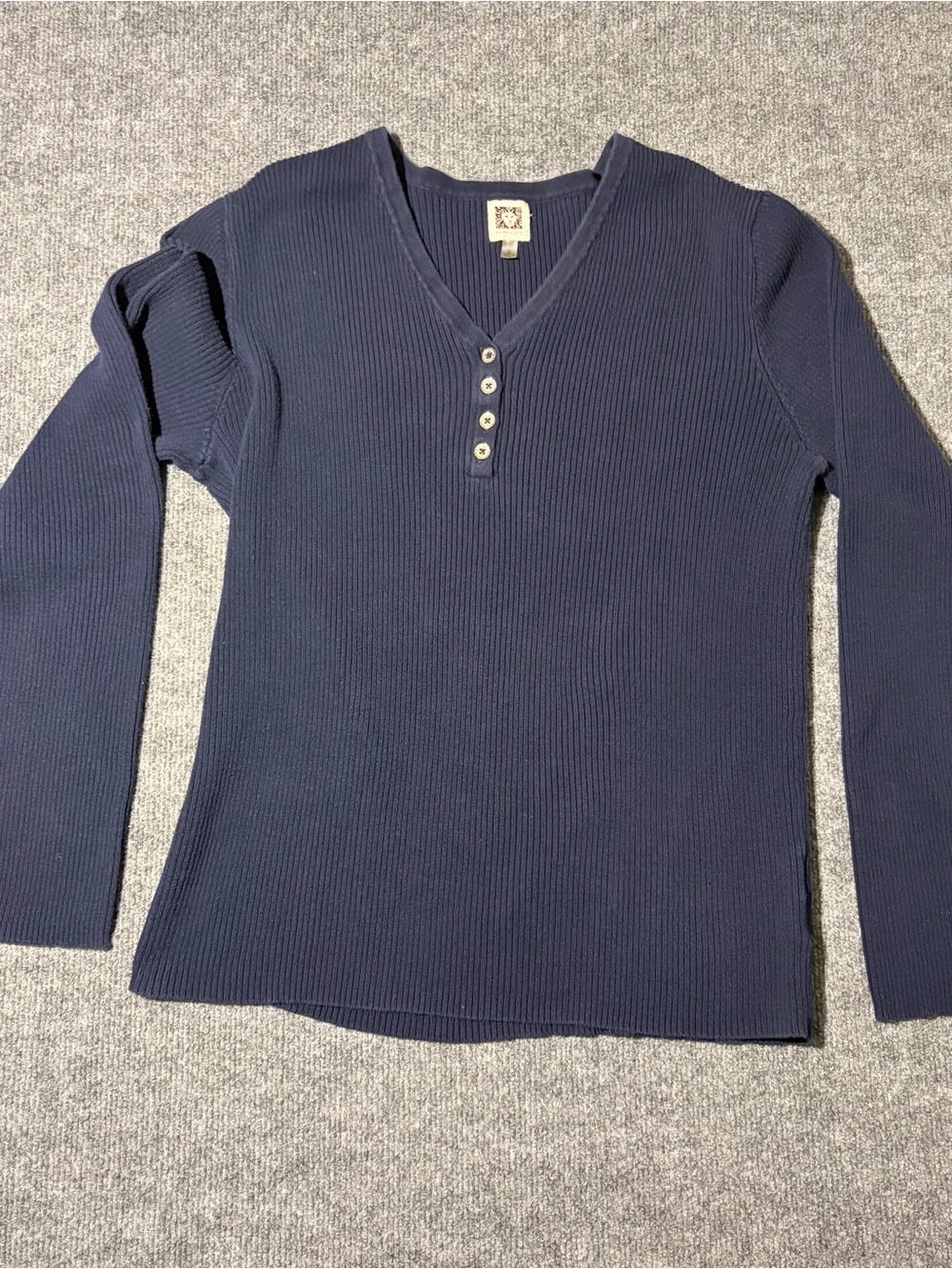 Anne Klein Navy Ribbed V-Neck Henley Sweater
